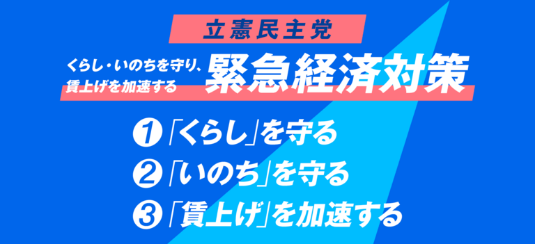 立憲民主党 くらし・いのちを守り、賃上げを加速する 緊急経済対策 ①「くらし」を守る②「いのち」を守る③「賃上げ」を加速する