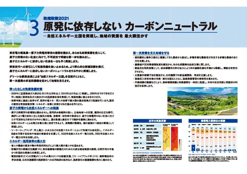 原発に依存しないカーボンニュートラル　政権政策2021政策パンフレット　変えよう　あなたのための政治へ。