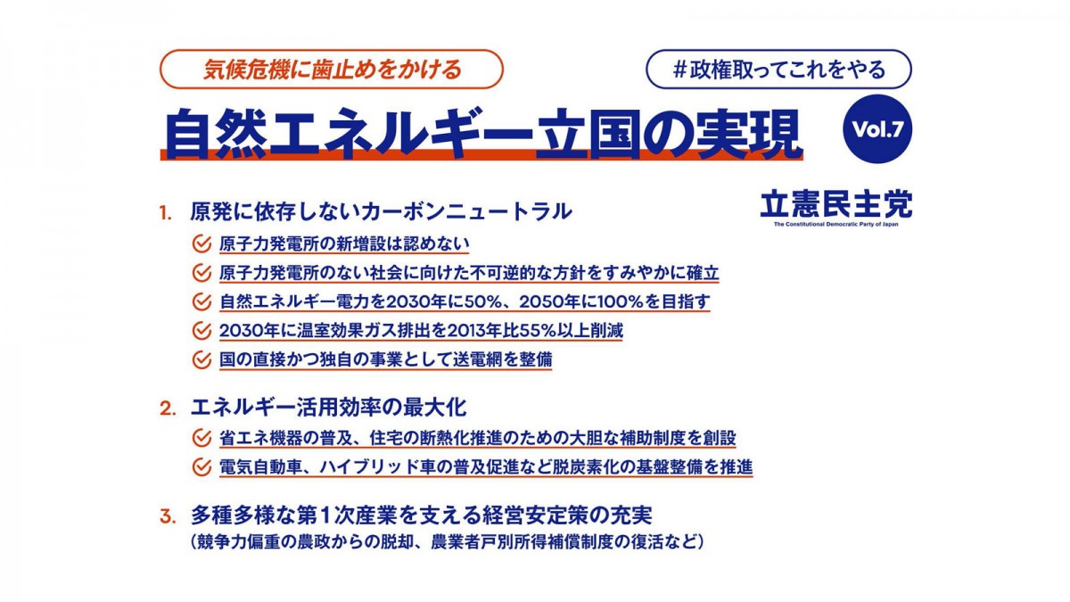 枝野代表が 気候危機に歯止めをかける 自然エネルギー立国の実現 を発表 政権取ってこれをやる Vol 7 立憲民主党