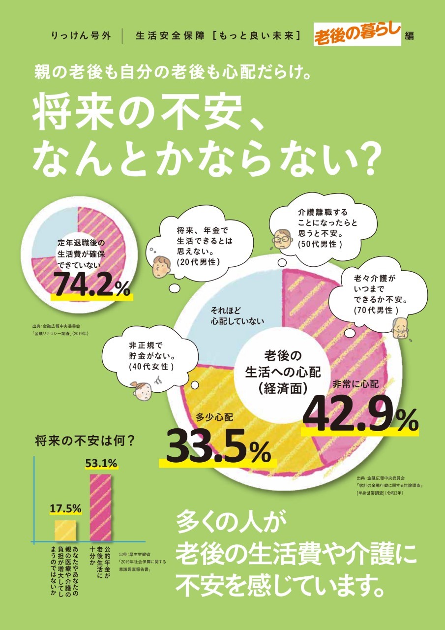 立憲民主号外　老後の暮らし編　多くの人が老後の生活費や介護に不安を感じています