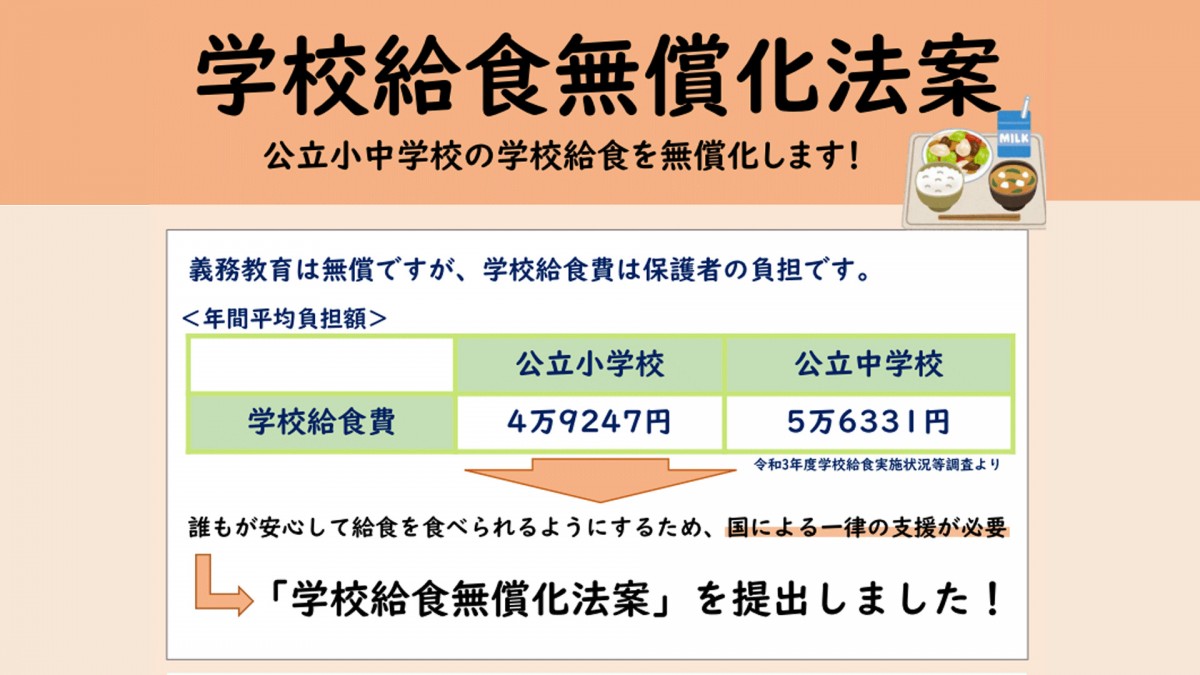 公立小中学校の学校給食無償化の実現に向け衆院に法案提出 立憲民主党