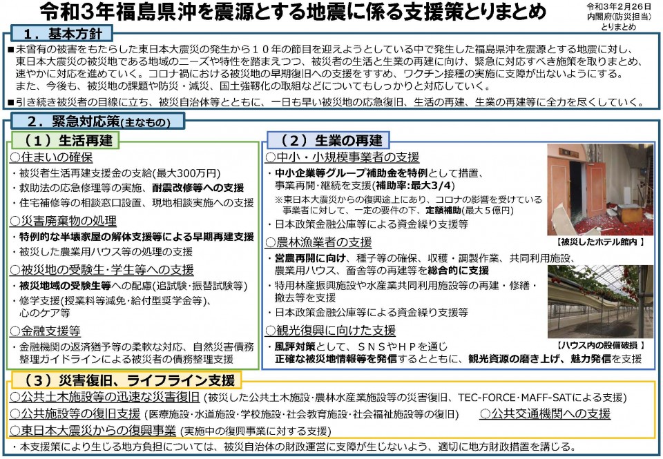 【資料１（内閣府）】福島県沖地震支援策一式　令和3年福島県沖を震源とする地震に係る支援策とりまとめ