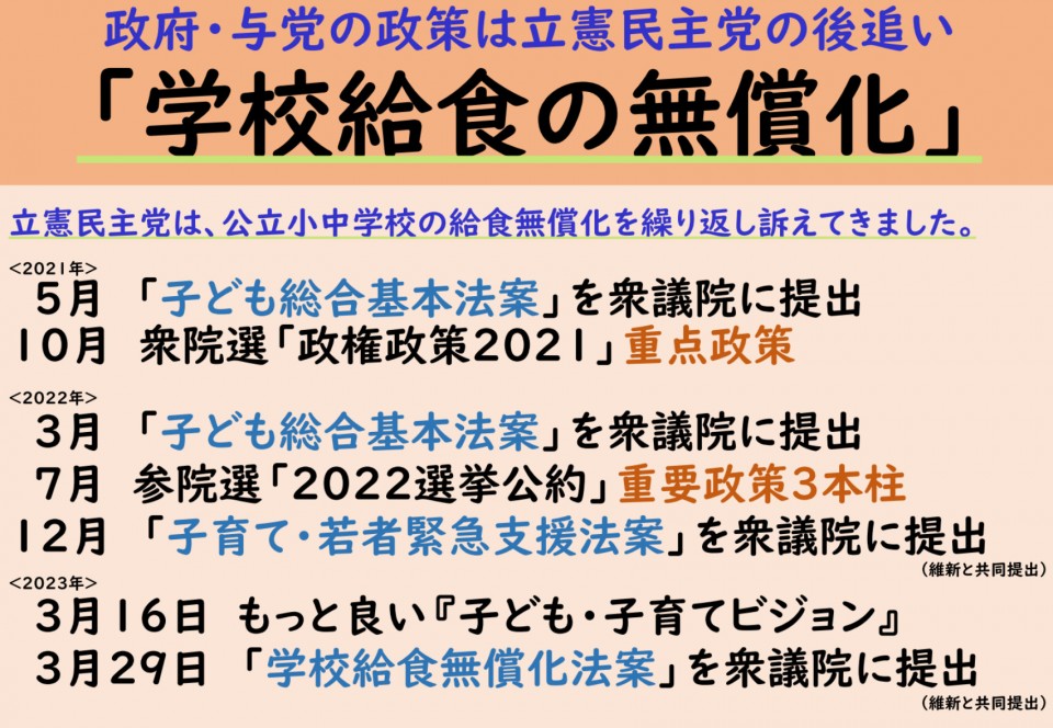 政府・与党の政策は立憲民主党の後追い「学校給食の無償化」